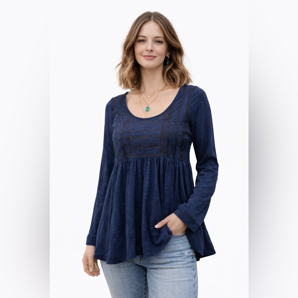 Free People Women's Blouse Size Med‎ Navy Long Sleeve Embroidered Boho Tunic Med